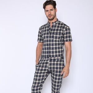 Men's ROMPERJACK short sleeved romper, jumpsuit, blue plaid flannel, size XL